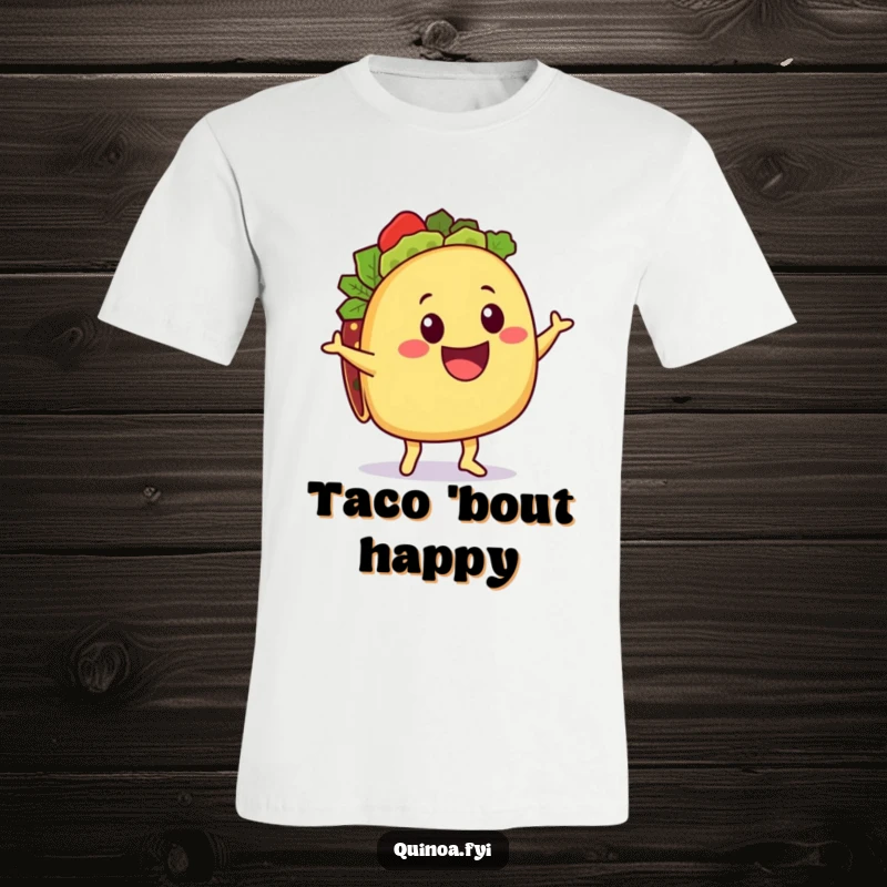 Funny Taco T-Shirt: A delighted taco character with a quinoa filling performing a happy shimmy, embodying festive fun.