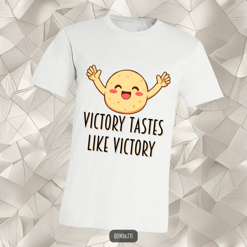 Funny t-shirt showcasing an enthusiastic quinoa patty character with arms raised in celebration, radiating positive energy and a love for healthy food.
