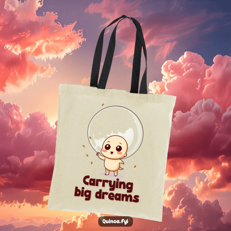Funny tote bag with a playful quinoa character about to blow a giant bubble filled with quinoa seeds, ready for fun.