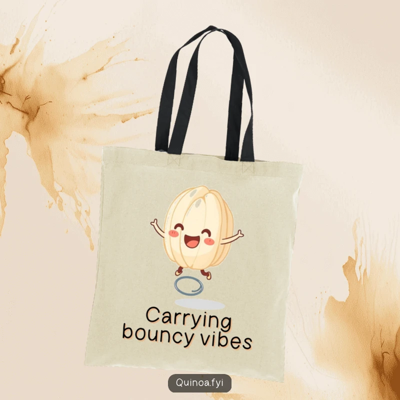 Funny tote bag featuring a smiling anthropomorphic grain of rice joyfully bouncing on a spring, perfect for carrying items with a happy vibe.
