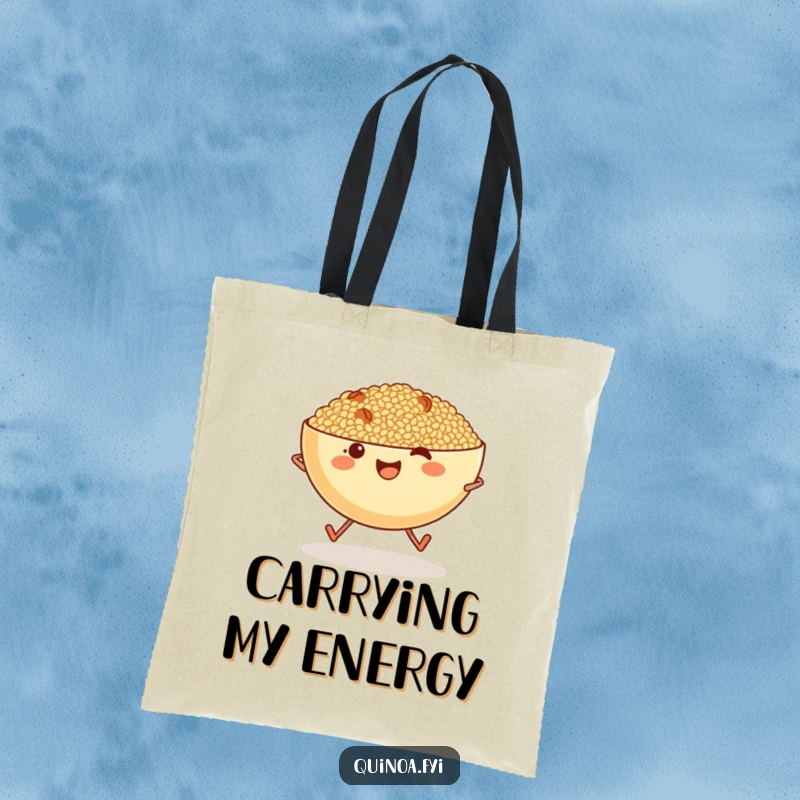 Funny cheerful bowl of quinoa with tiny legs skipping along, a humorous and practical tote bag design.