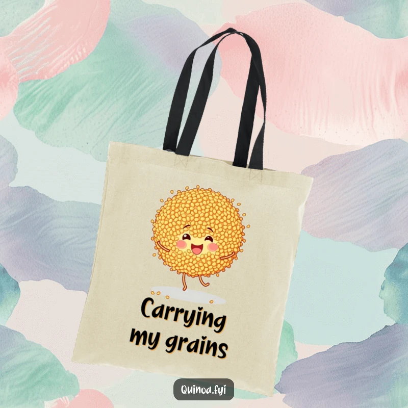 Funny tote bag featuring cheerful quinoa grains doing a happy dance, adding a touch of playful humor to everyday errands.
