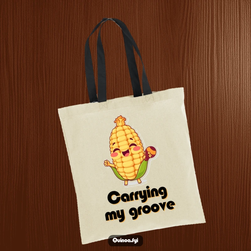 Funny tote bag featuring a happy anthropomorphic corn kernel playing maracas, perfect for carrying essentials to any fiesta or celebration.