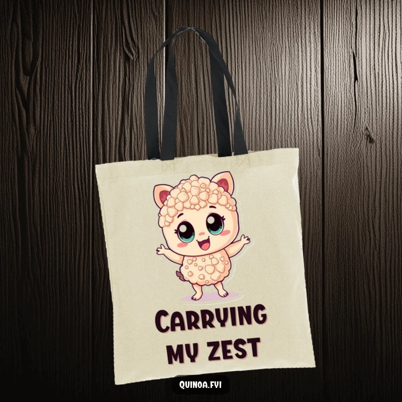 Funny Tote Bag: Cheerful quinoa character with wide eyes, dancing energetically with zest, a humorous and practical accessory.