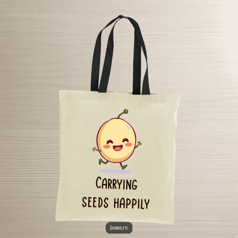 Funny tote bag showcasing a smiling anthropomorphic seed doing a playful hop, perfect for carrying daily necessities.