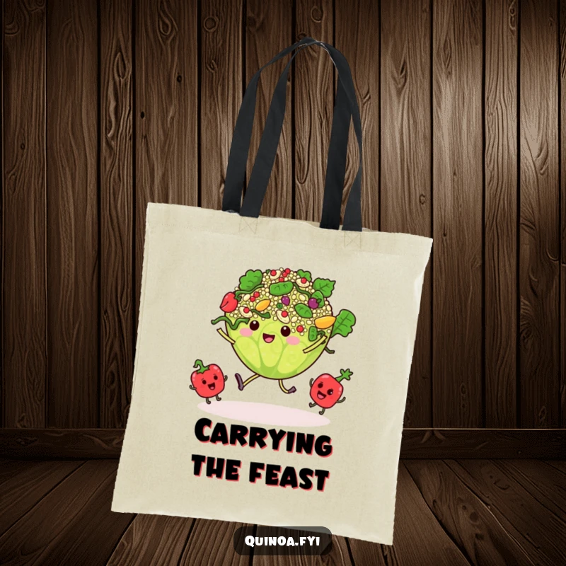 Funny tote bag showing a quinoa salad grooving with tiny, dancing vegetable characters, a mobile feast of fun.
