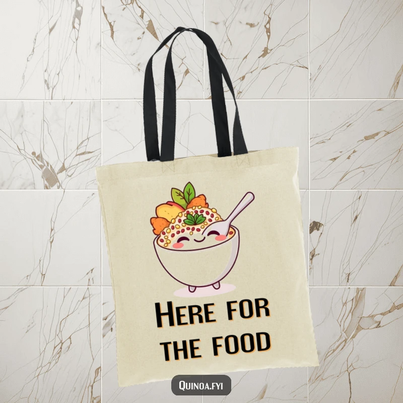 Funny tote bag featuring a smiling quinoa bowl character with a playful spoon, adding delicious humor to everyday errands.