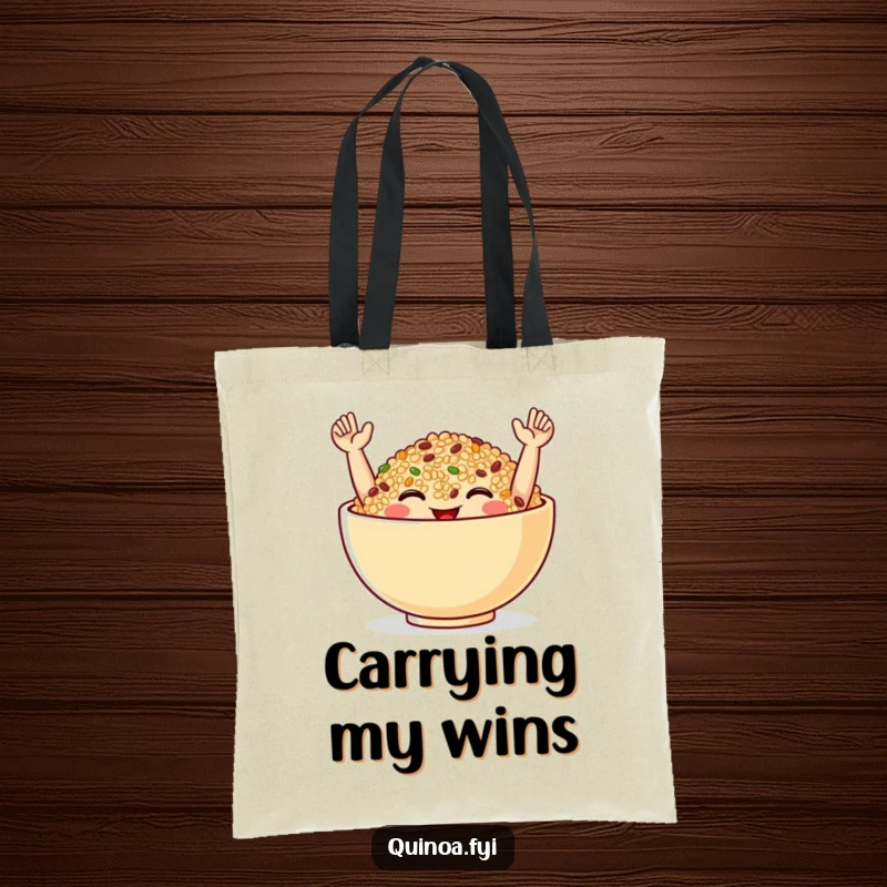 Funny Tote Bag featuring a smiling quinoa bowl with tiny arms raised in celebration, great for carrying groceries with a cheerful vibe.