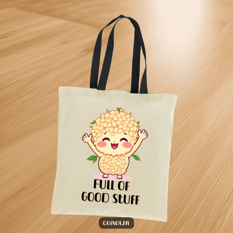 Funny tote bag with a smiling bunch of quinoa with arms waving happily, perfect for carrying greetings.
