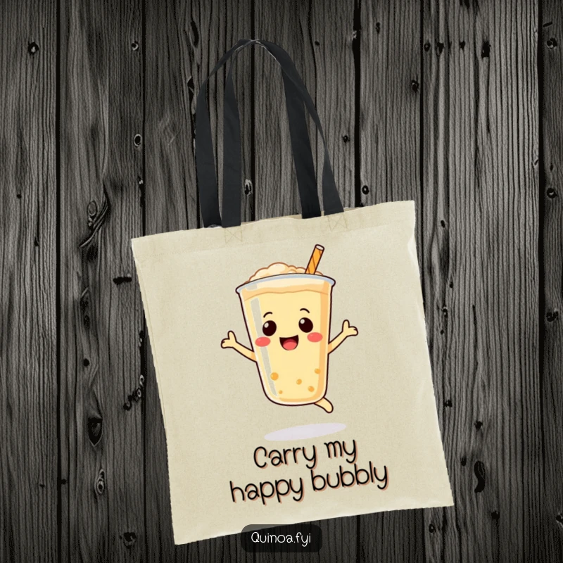 Funny Quinoa Drink Tote Bag with a happy, bubbly smiley face character leaping energetically, great funny gift.