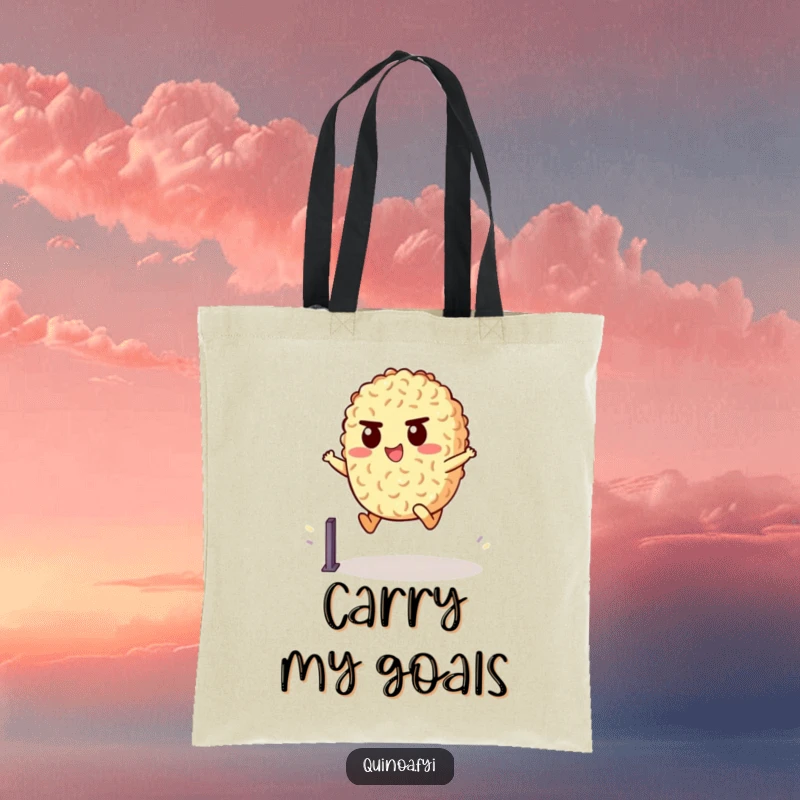 Funny Tote Bag featuring a determined quinoa character leaping over a hurdle, great for carrying essentials with a humorous, motivational theme.