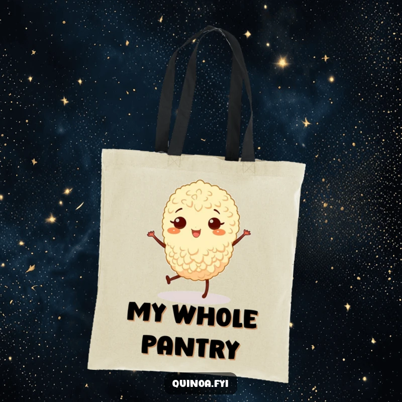 Funny tote bag with a joyful quinoa grain with legs doing a little jig, perfect for carrying fun.