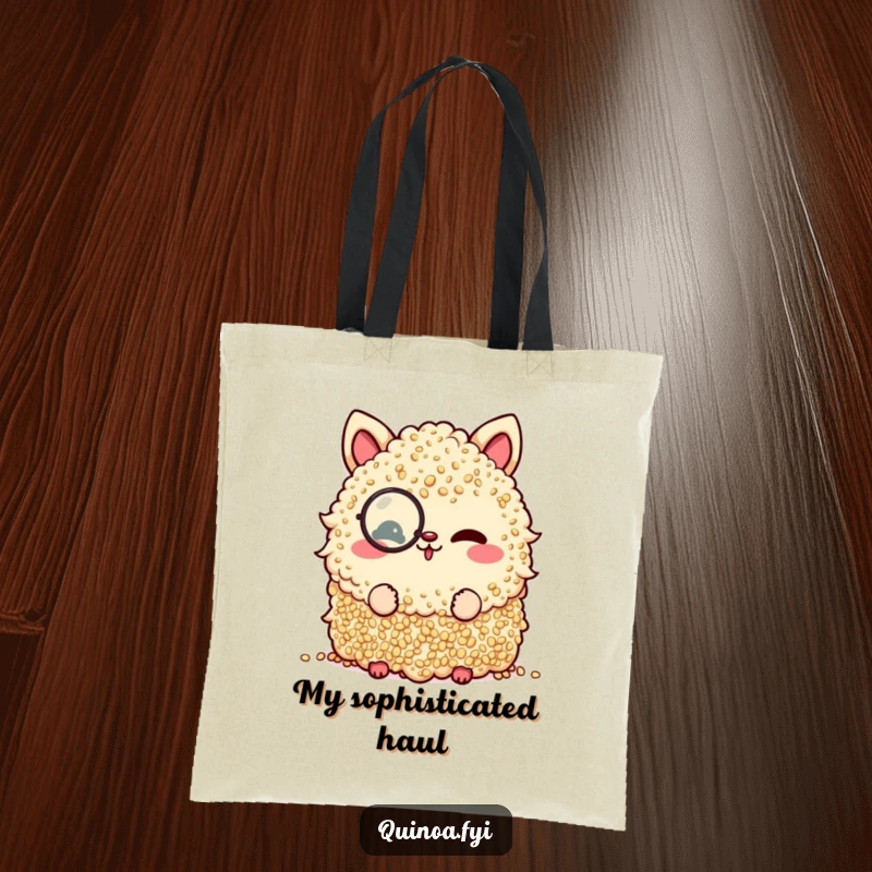 Funny tote bag featuring a quinoa pile in a monocle, winking with sophisticated charm.