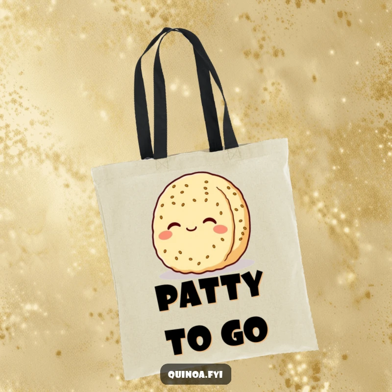 Funny quinoa patty character tote bag, depicted smiling serenely, perfect for carrying everyday items with a peaceful and content flair.