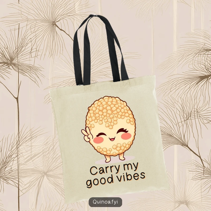 Funny tote bag with a vibrant illustration of a winking quinoa grain giving a clear peace sign.