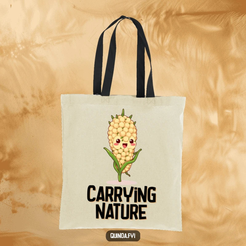 Funny quinoa stalk character tote bag, depicted gently swaying, perfect for carrying everyday items with a peaceful and delightful flair.