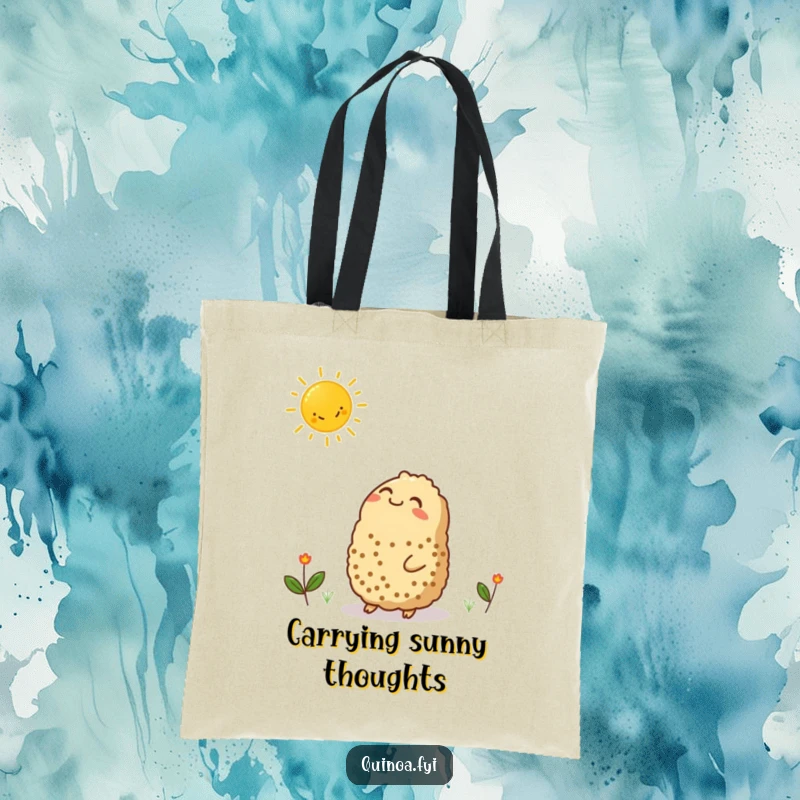 Funny tote bag with a contented quinoa character looking up at a smiling sun graphic, perfect for errands and spreading positivity.