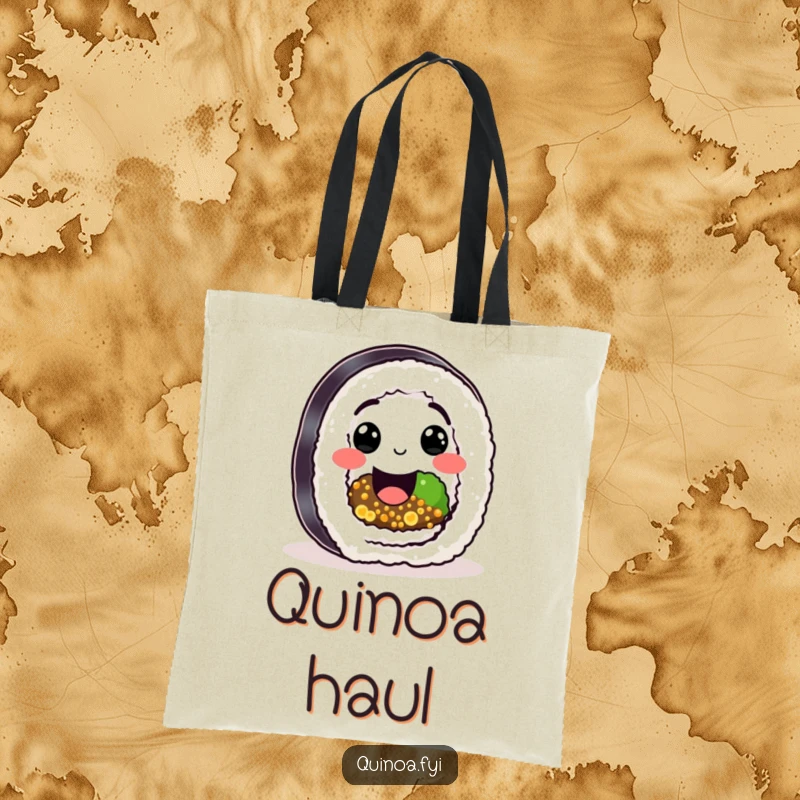 Funny Sushi Quinoa Roll Tote Bag with a happy character, quinoa filling, and a big smile, a humorous gift.
