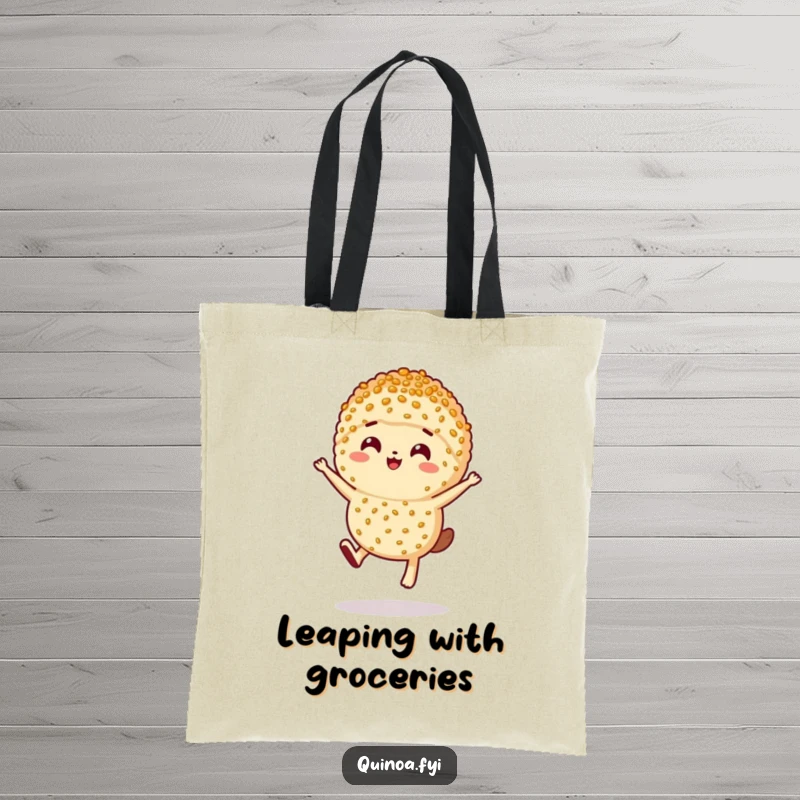 Funny anthropomorphic serving of quinoa with a happy expression, leaping energetically in a tote design.