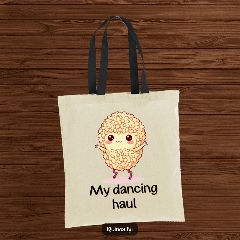 Funny tote bag showcasing a quinoa cluster with legs dancing a lively jig with infectious energy.