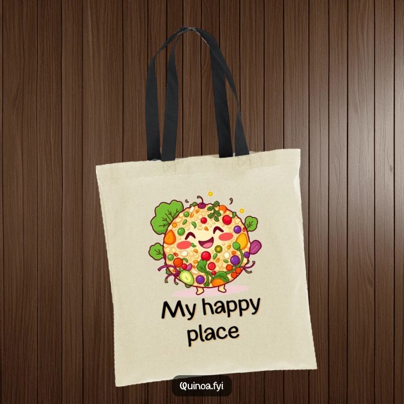Funny quinoa salad character tote bag, featuring a smiling bowl of colorful ingredients, great for shopping and everyday use.