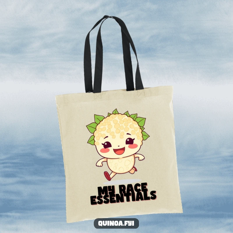 Funny tote bag with a determined quinoa grain character sporting a grin, ready to race, perfect for carrying supplies with motivational flair.