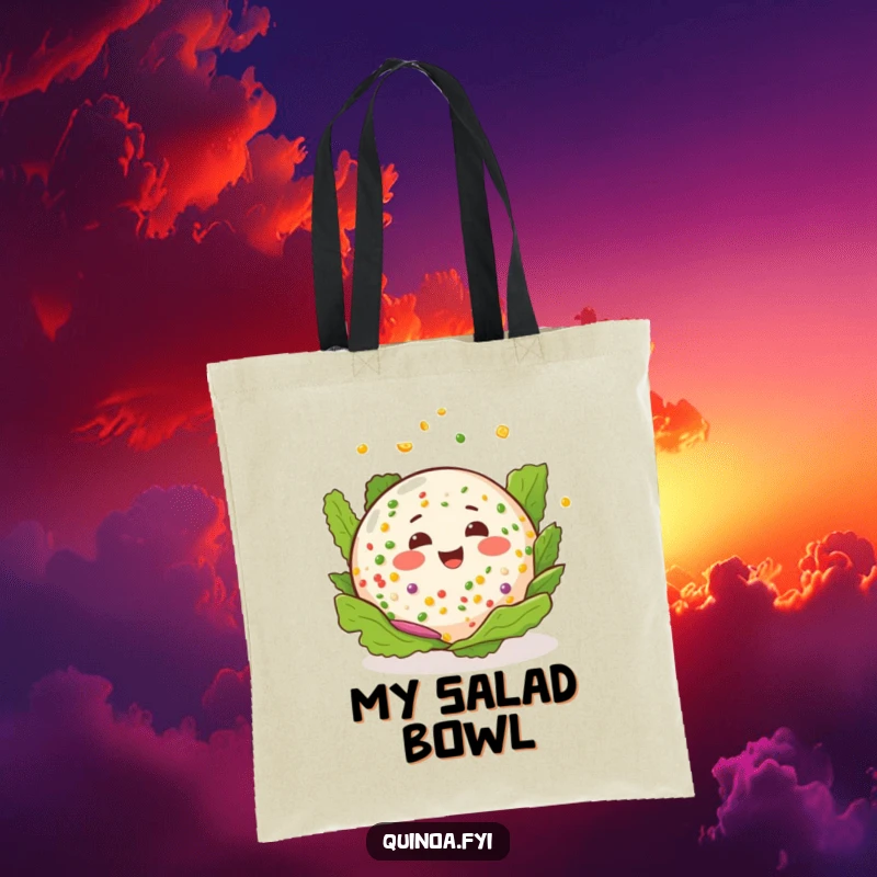 Funny quinoa salad tote bag featuring a happy salad with a cheerful expression, spinning playfully.